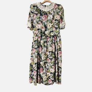 Vintage 70’s 80s Floral Sheer Dress With Lace Collar Sleeve Accents Women Sz 12